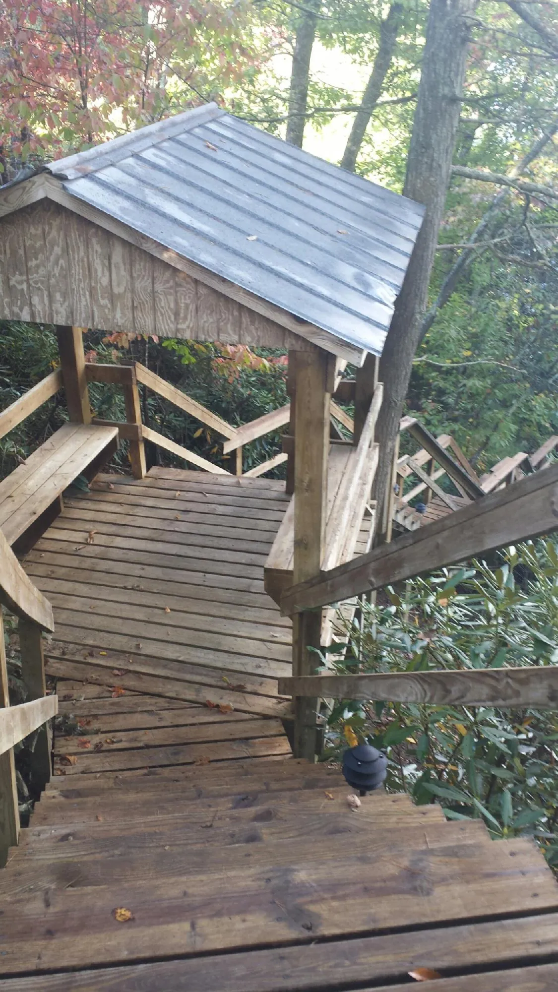 Metal roofed shelter over wooden steps on a wooded walkway — Skylight Repair & Installation work by our crew in Gracey