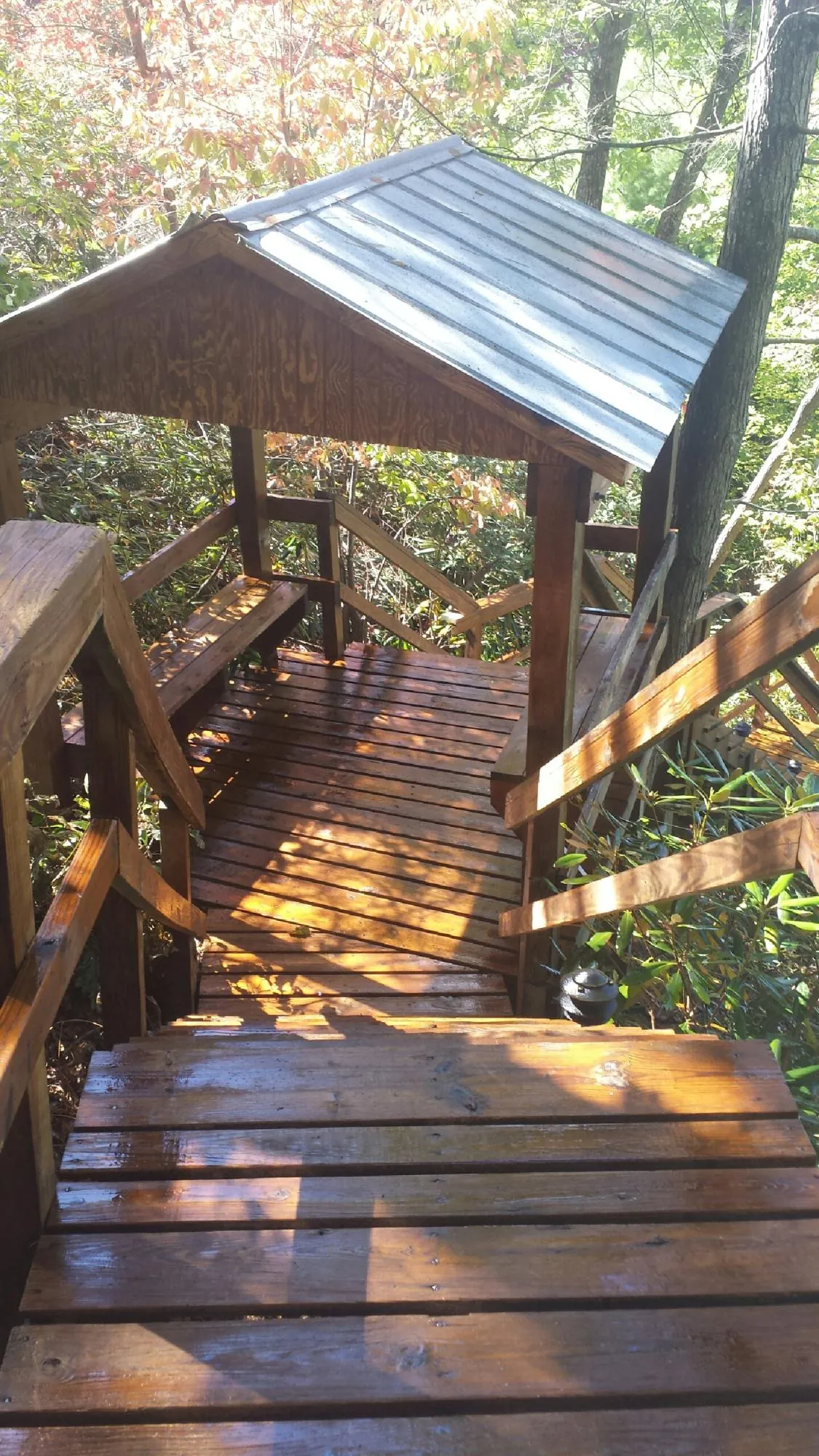 Freshly stained wood walkway and covered shelter with a metal roof in Gracey